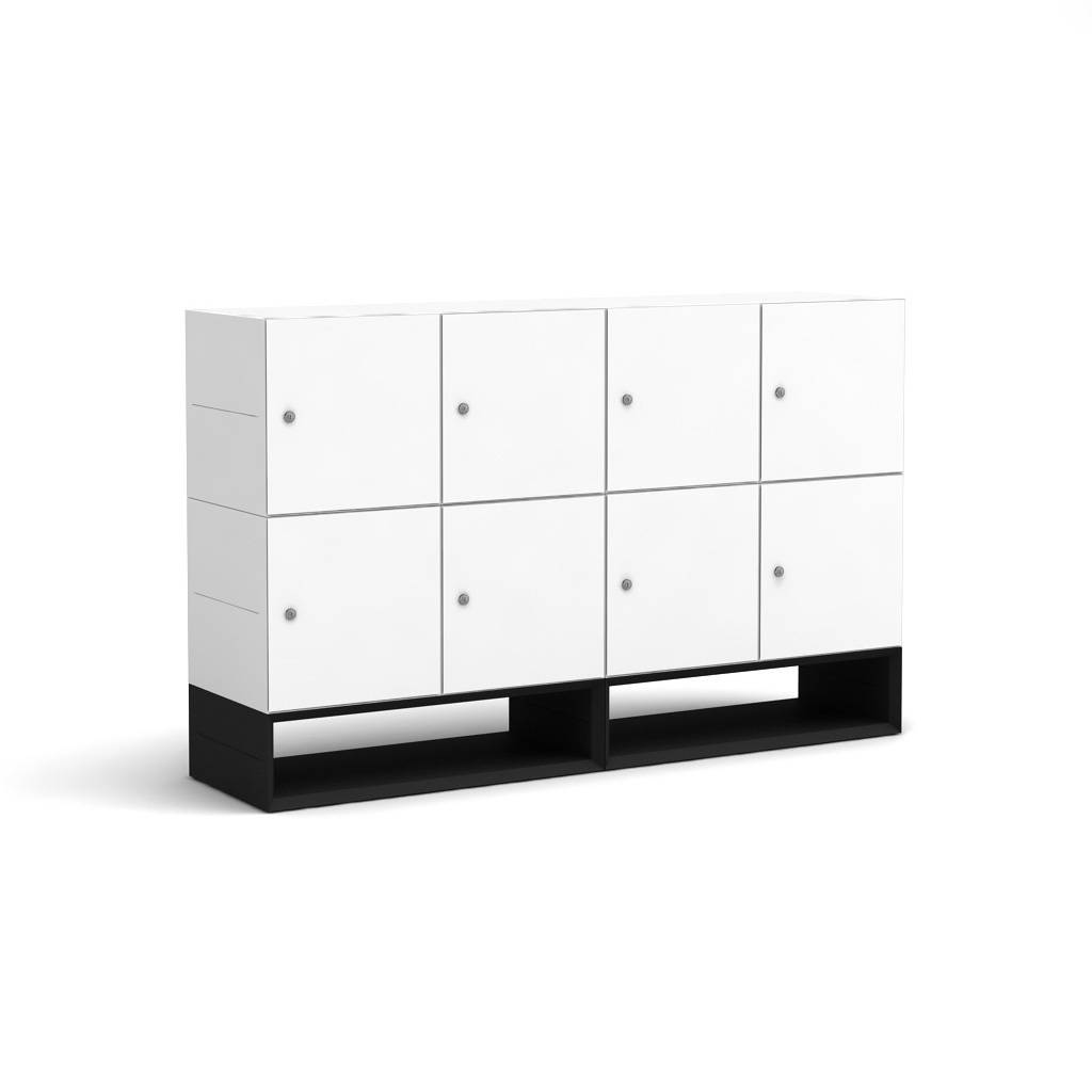 Schließfachschrank Masterbox mit Sockel B 1600 x H 1000 mm weiß-schwarz | Inwerk | Stahl | werkzeuglos | Softlack haptik