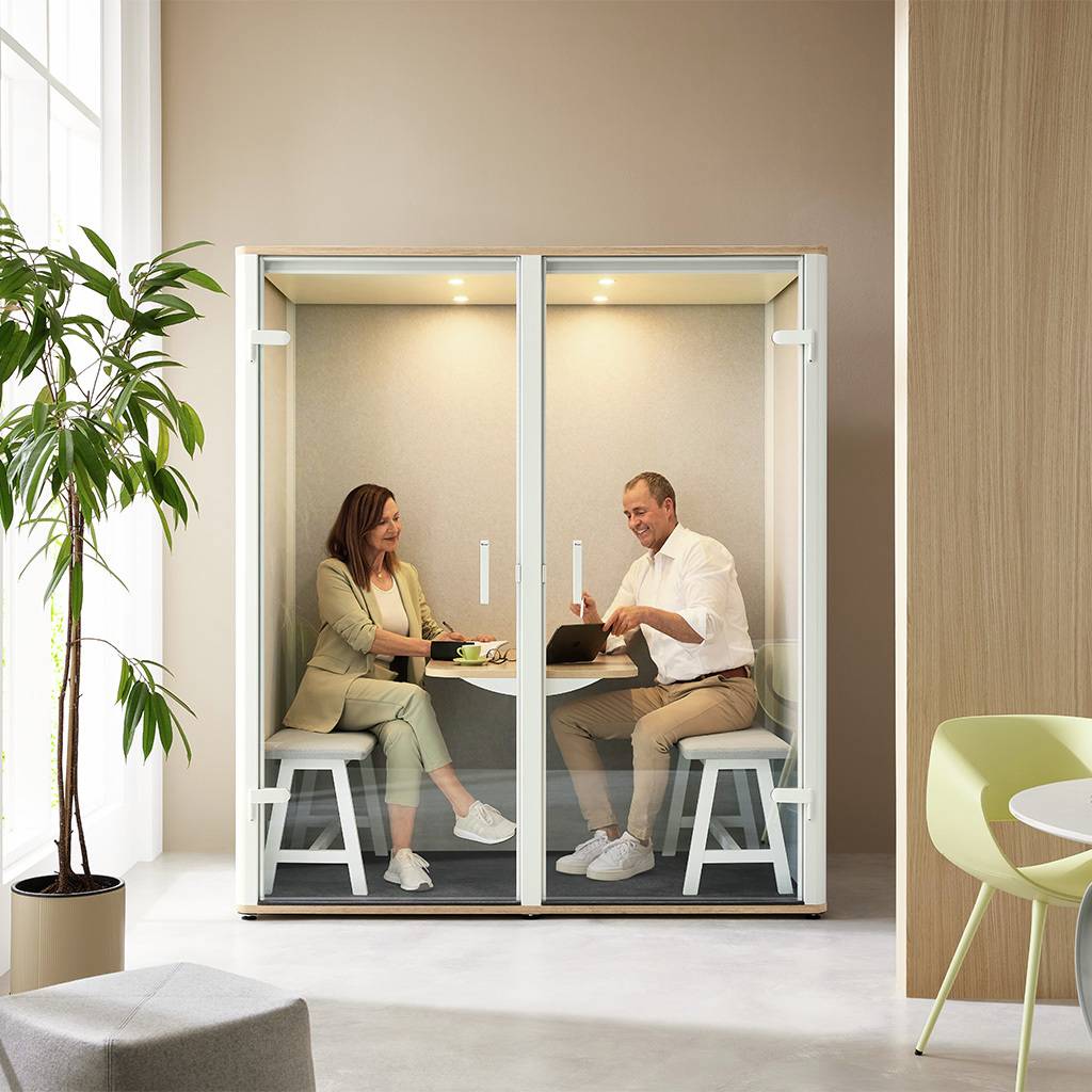 Meetingbox Bosselino Duo mit 2 Bänken für 2 Personen | Flügeltüren aus Sicherheitsglas | Schallpegeldifferenz 31 dB | Breite 190,9 cm | Tiefe 99,4 cm