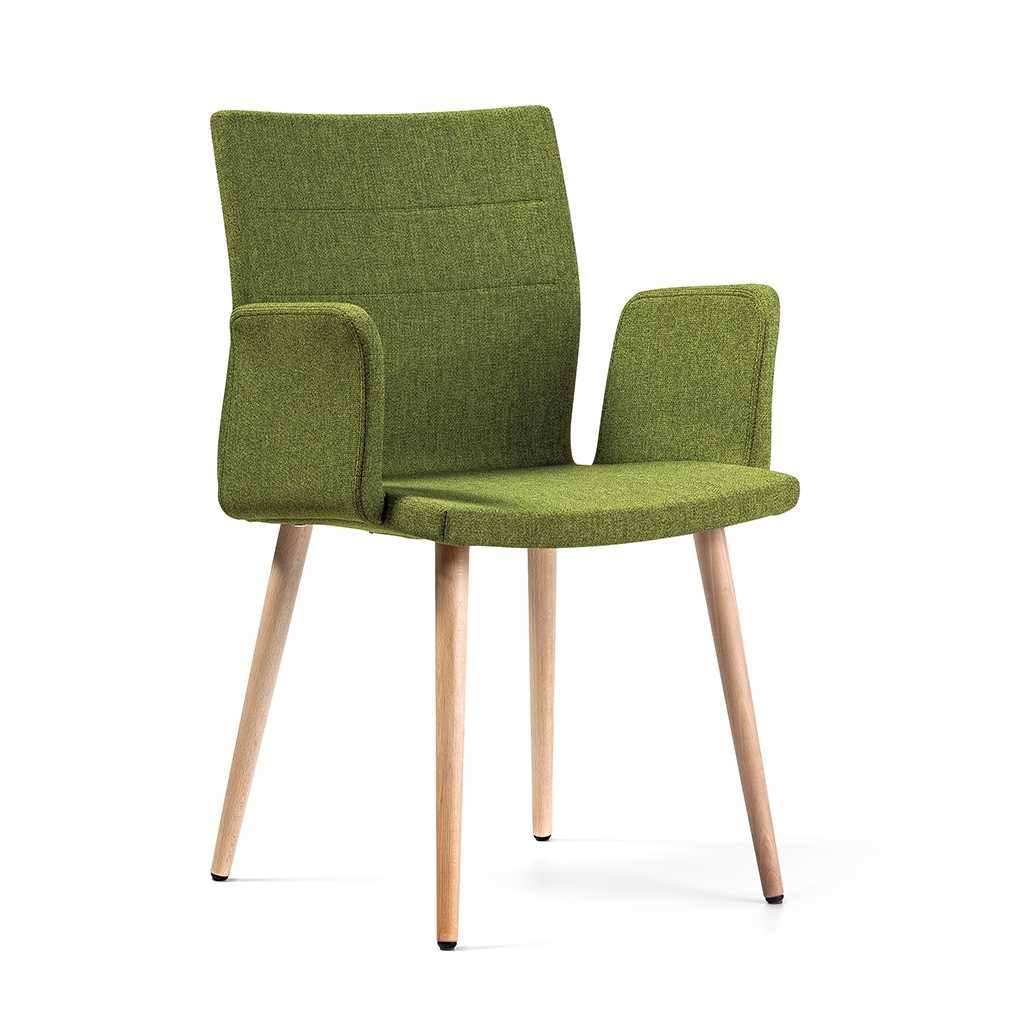 Grüner Polsterstuhl, eckiges Aussehen, Armlehen, Sitz und Rückenlehne grün gepolstert, vier Holzbeine