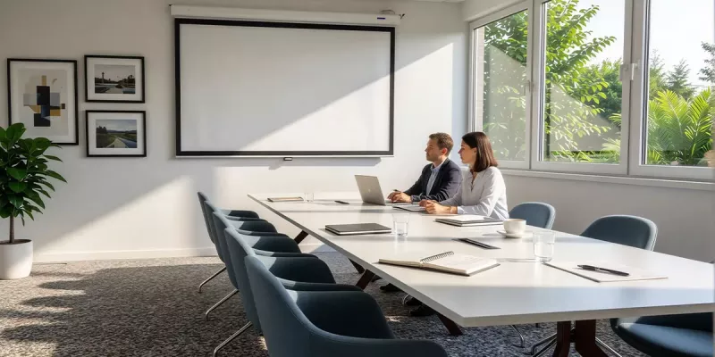 Heller Konferenzraum mit Leinwand