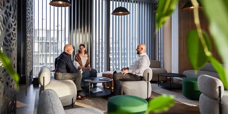 Entspannter Loungebereich mit Polstermöbeln in Grau und Grün.