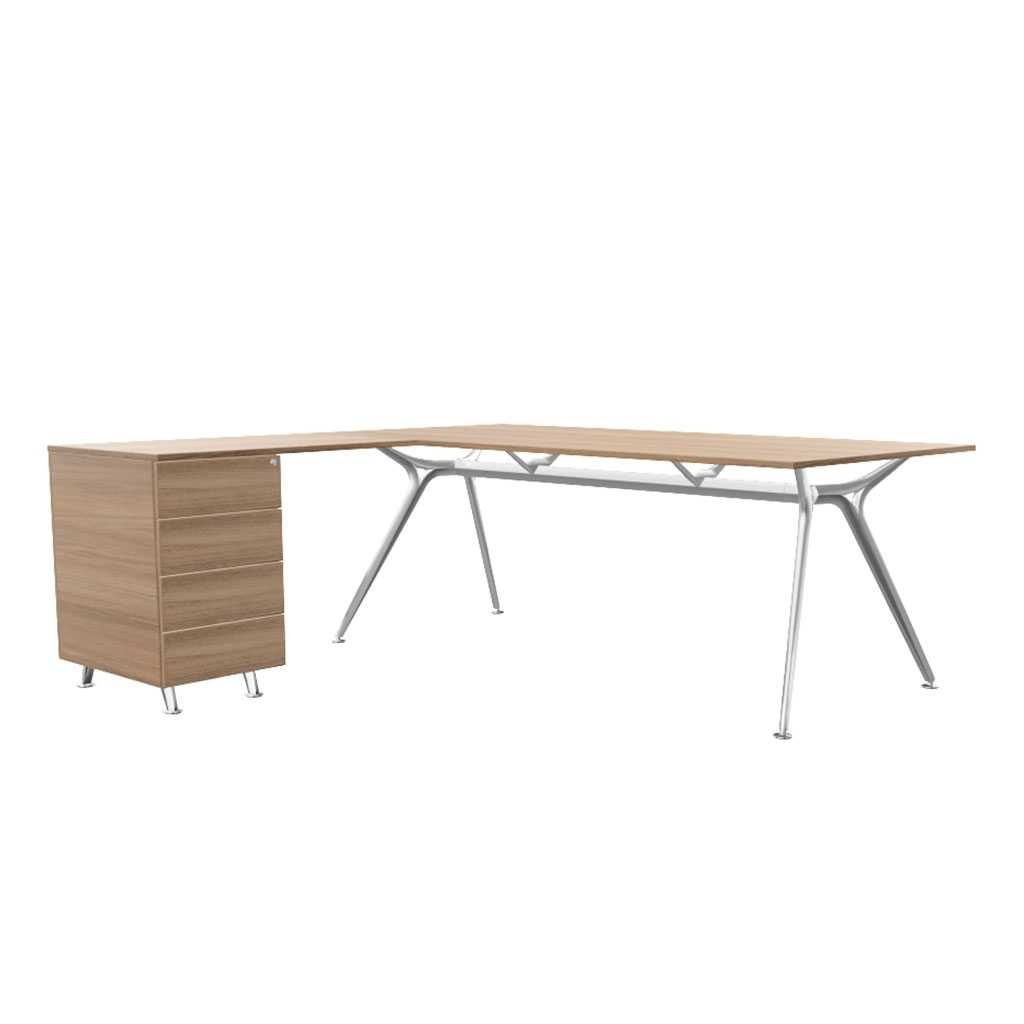 Eckschreibtisch mit Holzplatte moderner Eckschreibtisch mit offenem Metallgestell. Unter der linken Seite steht ein Schubladencontainer. Der Standcontainer ist ebenso wie die Schreibtischplatte Eiche Dekor.
